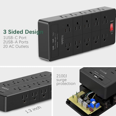 Surge Protector Power Strip (2100J), 12 Outlets with 1 USB C and 2 USB A Ports for iPhone 15/15 Plus/15 Pro/15 Pro Max, 5ft Extension Cord, Flat Plug, 20W USB C Charging for Home, Office,TUV Listed