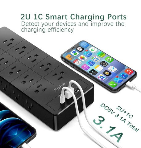 Surge Protector Power Strip (2100J), 12 Outlets with 1 USB C and 2 USB A Ports for iPhone 15/15 Plus/15 Pro/15 Pro Max, 5ft Extension Cord, Flat Plug, 20W USB C Charging for Home, Office,TUV Listed