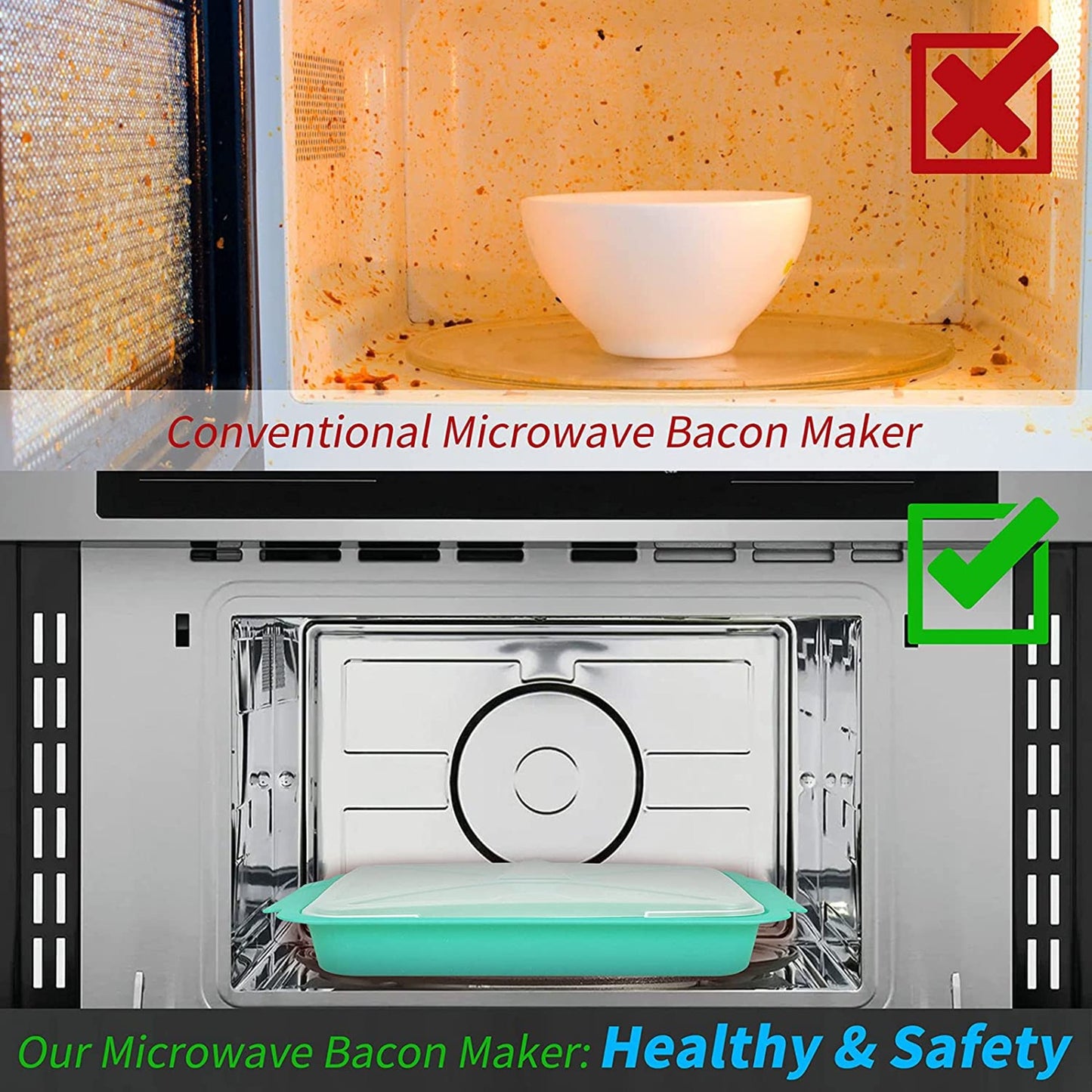 MUGOOLER Microwave Easy Bacon Maker/Cooker with Lid, Safety, Quick and with No Mess, 11.3“ L x 9.0" W x 2.4" H, Bule